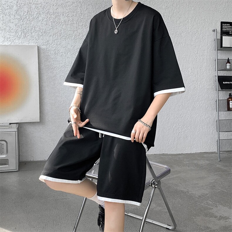 套装男夏季新款港风宽松短袖短裤整套运动装TZ8155-P52图片
