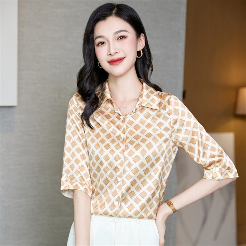 杭州真丝衬衫女五分袖中袖重磅桑蚕丝上衣衬衣气质夏装中年妈妈装,女装衬衫,阿舍尔精品