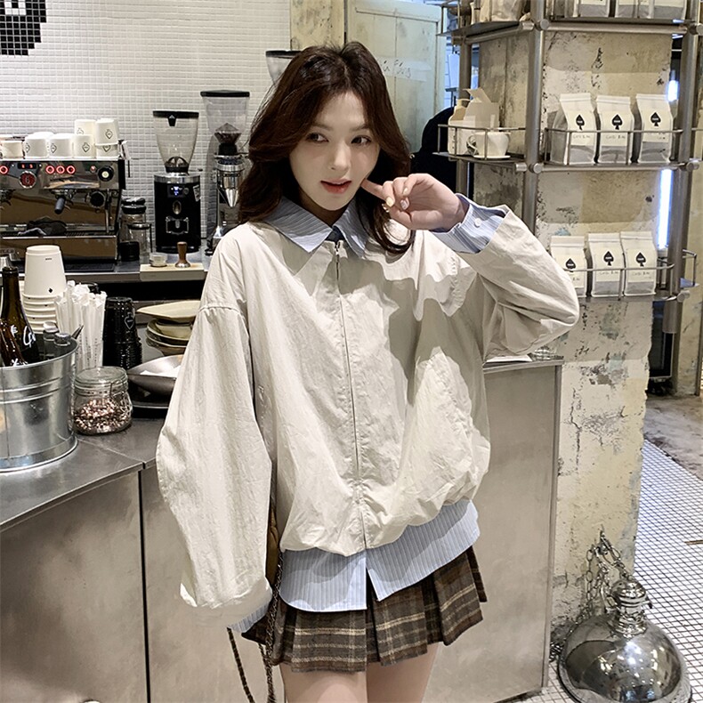 假两件条纹翻领拼接白色外套女春季2025新款韩版百搭工装夹克上衣,女装短外套,辉之琳