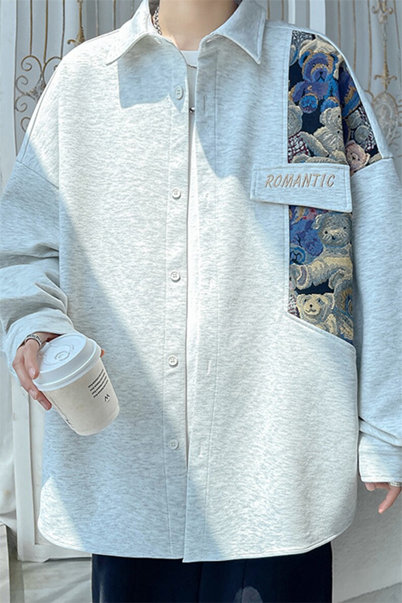 2026春季新款旋律风车大码小熊拼接长袖衬衫M-5XHC23703-特P35,男装衬衫,电商A022