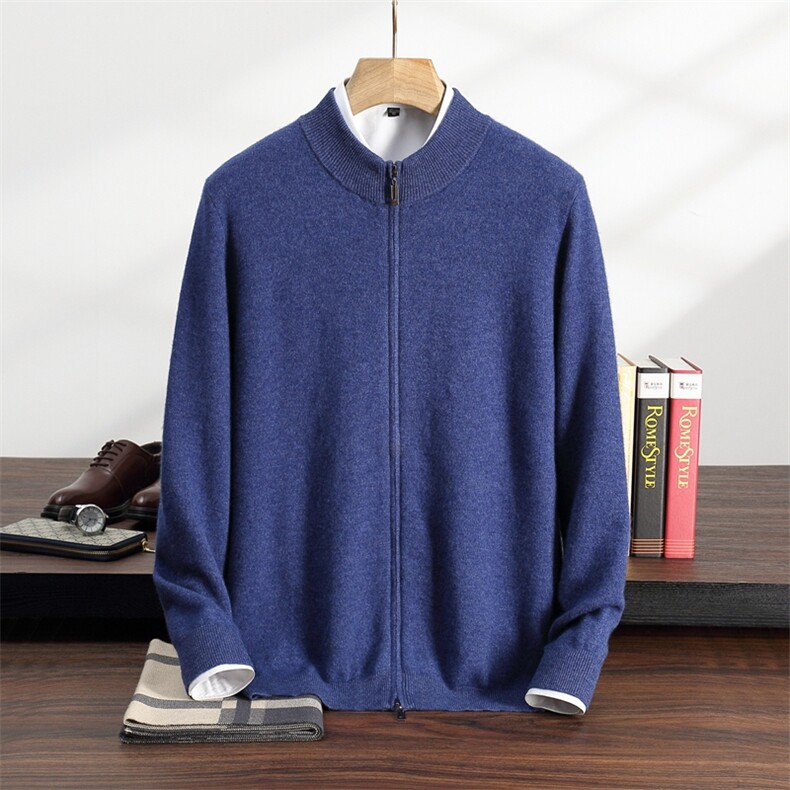 秋冬季35%羊绒休闲商务简约百搭虚提拉链全开开衫男装，男装羊绒开衫，纳丰羊绒