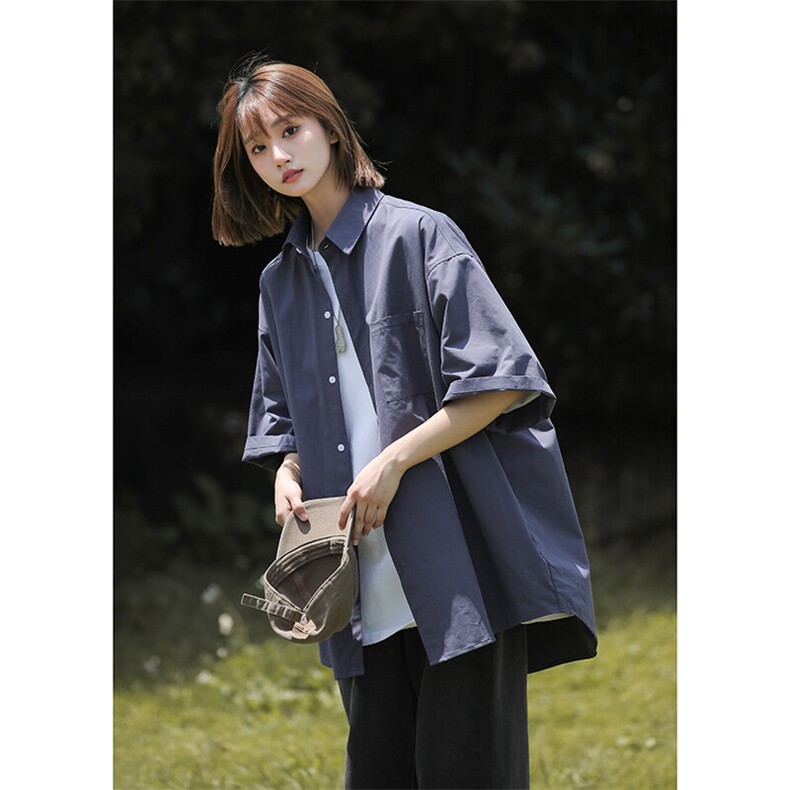 学院风纯色短袖衬衫女夏季糖果色基础款翻领上衣休闲百搭衬衣7004，女装衬衫，星座710