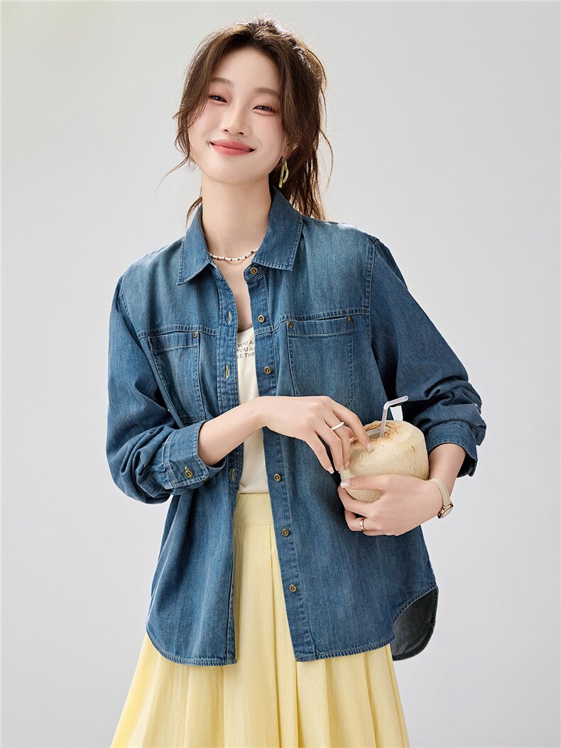 2026春夏新款复古水洗牛仔衬衫女宽松显瘦叠穿长袖衬衣外套休闲,女装衬衫,艾米