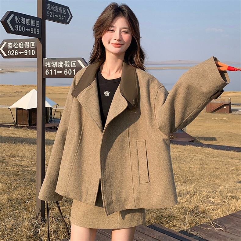 韩版上衣毛呢套装女2025冬季新款显瘦a字短裙两件套,女装套装/套裙,纯色衣恋