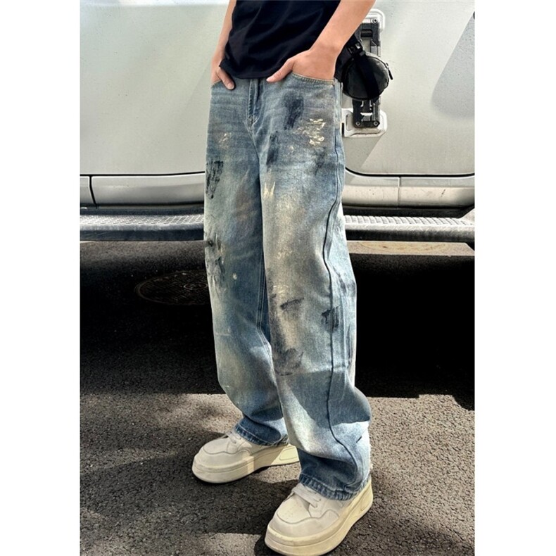 美式高街泼墨牛仔裤男秋冬潮牌痞帅炸街裤子做旧NM716,男装牛仔裤,星座1116A（原606A-3）
