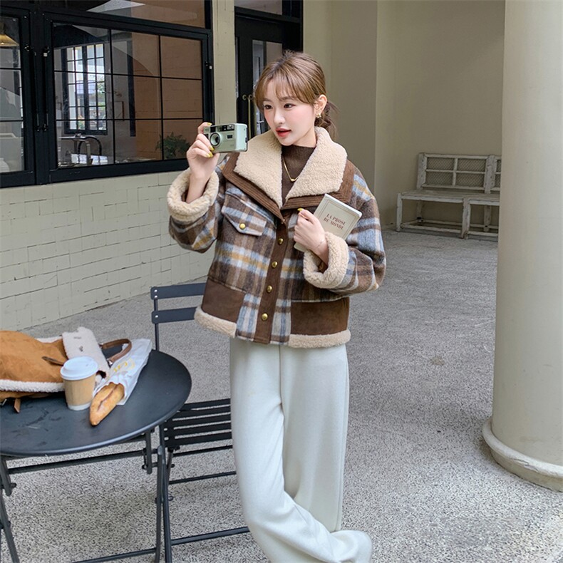 现货 撞色格子拼接羊羔毛翻领加厚羽绒服5815-P235-K368图片