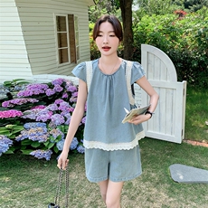 法式复古拼接小飞袖上衣套装女2025夏季新款显瘦牛仔短裤子两件套，女装套装/套裙，秋水欣儿