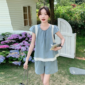 法式复古拼接小飞袖上衣套装女2025夏季新款显瘦牛仔短裤子两件套图片
