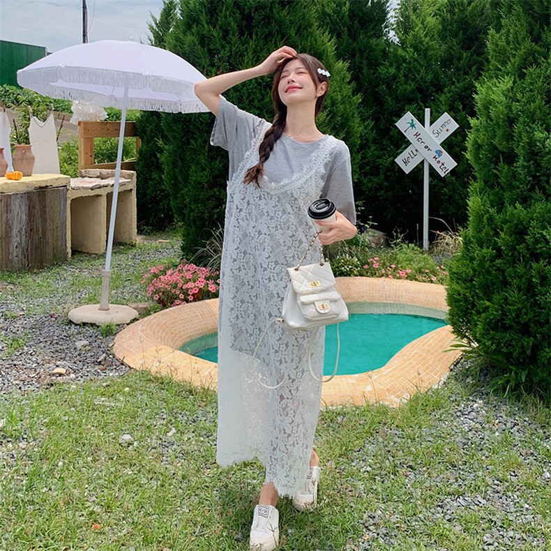 韩版温柔度假风套装女夏季2025新款短袖蓝色T恤蕾丝连衣裙两件套,女装套装/套裙,2C098