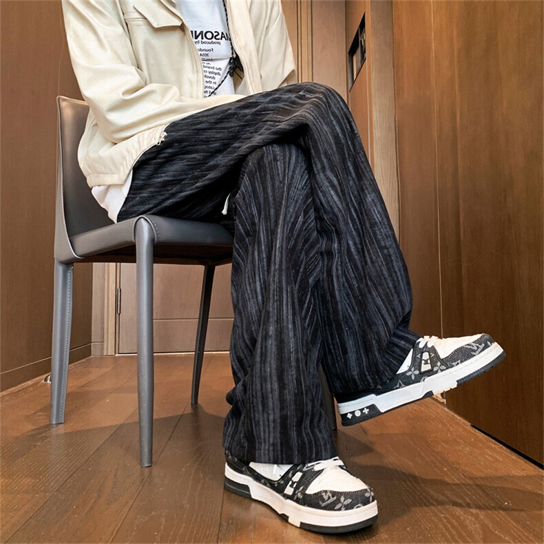 现货春款灯芯绒印花条纹宽松垂感大码休闲裤A017K770P45，男装休闲裤，电商A017