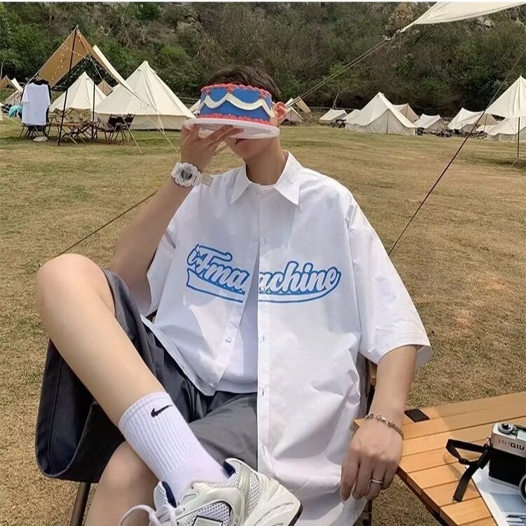日系开衫贴标印花短袖衬衫男女夏季宽松休闲半袖衬衣垂感翻领bf风,男装衬衫,星座506A