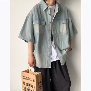 日系复古短袖衬衫男夏季新款小众设计感潮牌潮流休闲半袖牛仔衬衣图片