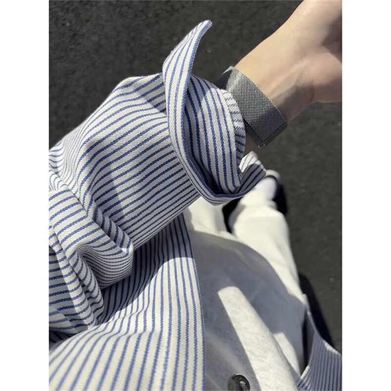 竖条纹松弛感长袖衬衫男女春秋季休闲美式复古衬衣外套CS11图片