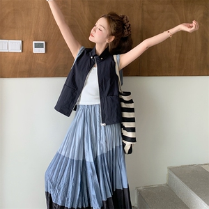 撞色拼接马甲百褶半身长裙子套装女夏2025新款时尚气质休闲两件套
