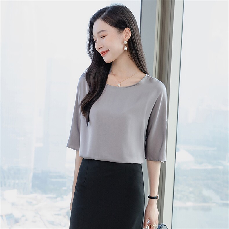 重磅圆领酒红真丝衬衫女五分袖2026春新款妈妈宽松大码真丝上衣,女装衬衫,阿舍尔精品