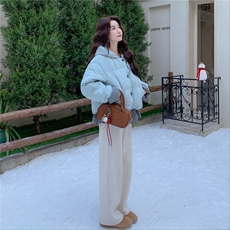 假两件蓝色连帽羽绒服女冬超火好看高级小众漂亮加厚面包服短外套，女装羽绒服，2C307