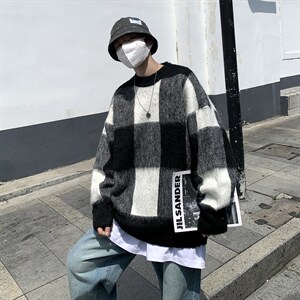 2023秋季百搭休闲拼色格子针织衫韩版宽松圆领套头毛衣 M687-P55图片