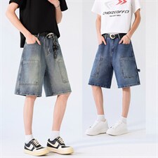 新款美式工装牛仔裤夏季宽松中裤水洗休闲中裤XZ201-K509P45，男装牛仔裤，星座201