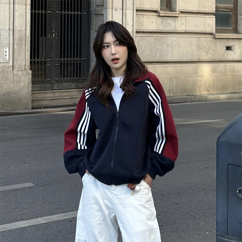 抖音得物高品质美式高街重磅结构织带拼接撞色立领卫衣外套CM41,女装短外套,电商A486-1