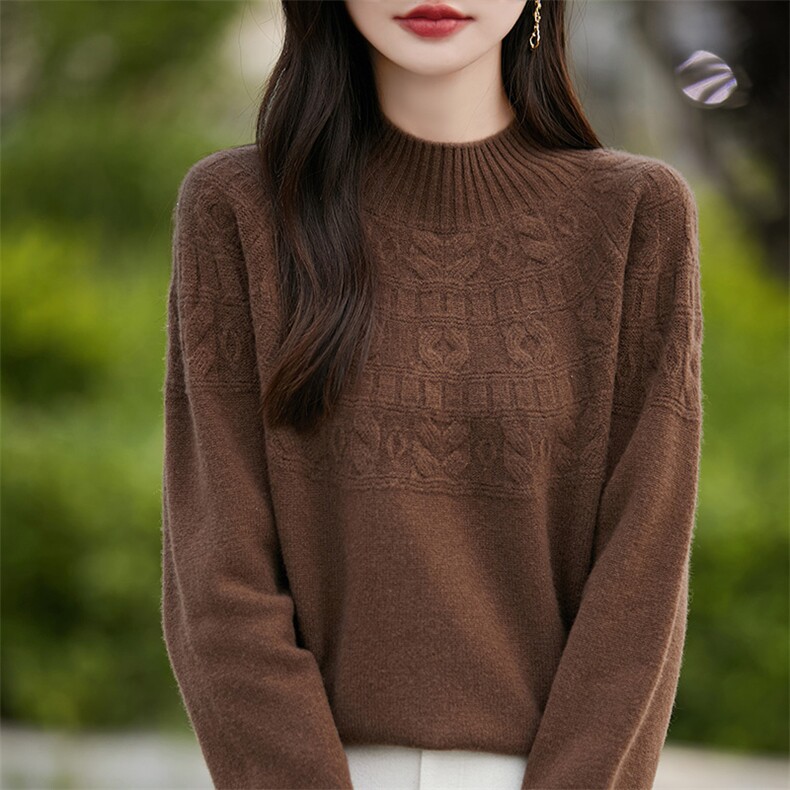2025秋冬半高领厚款针织打底衫女纯羊毛提花内搭长袖毛衣纯色上衣图片