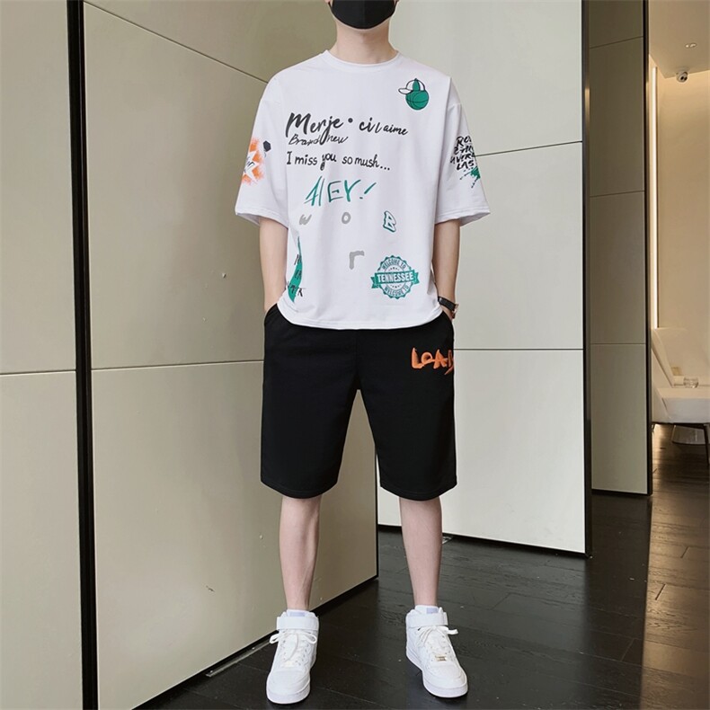 夏季新款短袖T恤套装两件套青少年宽松韩版潮流男装F310P58，男装休闲套装，电商A086