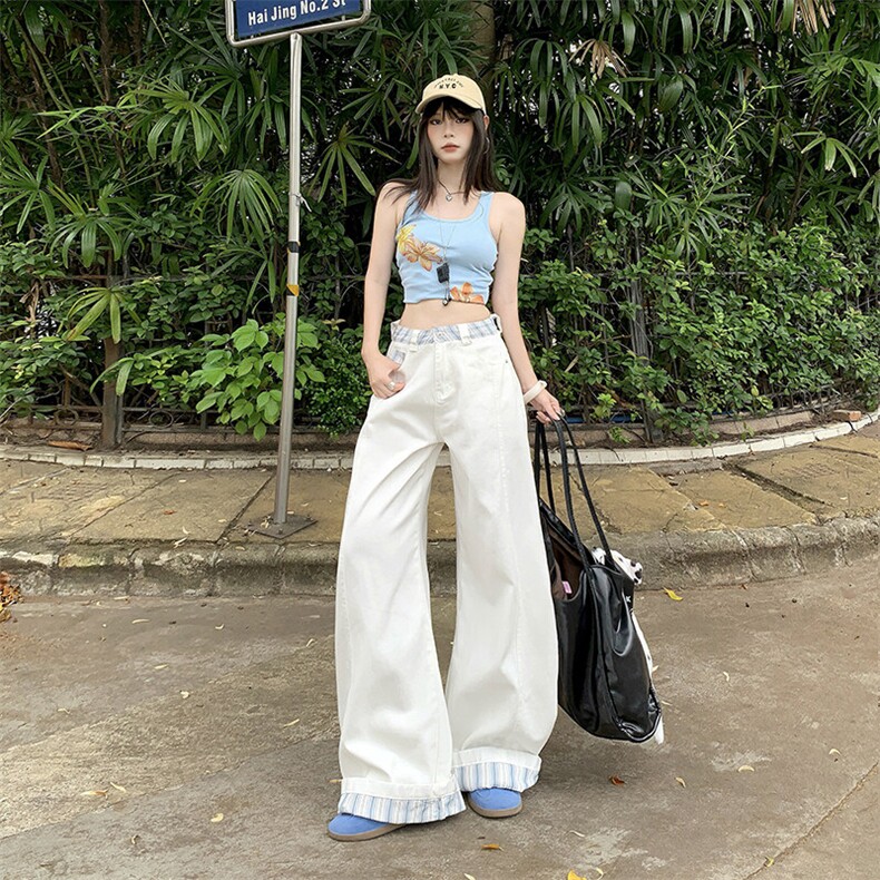 美式拼接格纹白色裤子男女夏季宽松直筒工装阔腿休闲裤YD9025-P60,男装牛仔裤,星座509