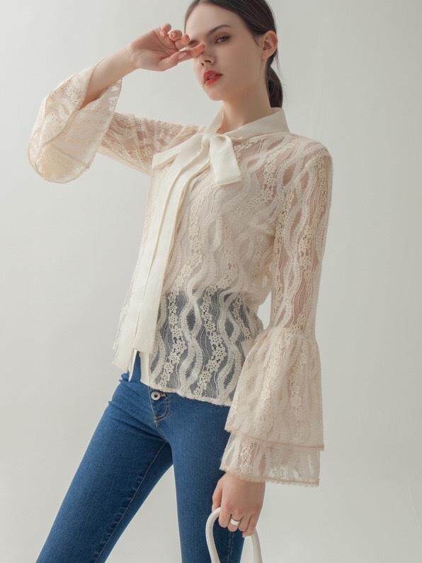 2012X1086双层蕾丝荷叶袖飘带上衣，女装，parfum labo