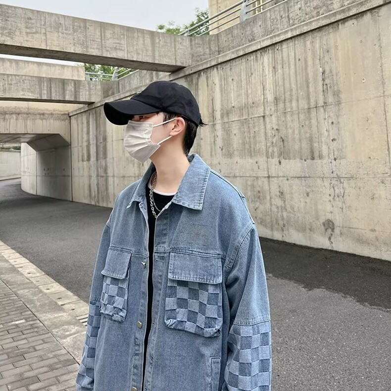 工装棋盘格牛仔外套男春秋季款ins潮牌小众高级感大码夹克图片