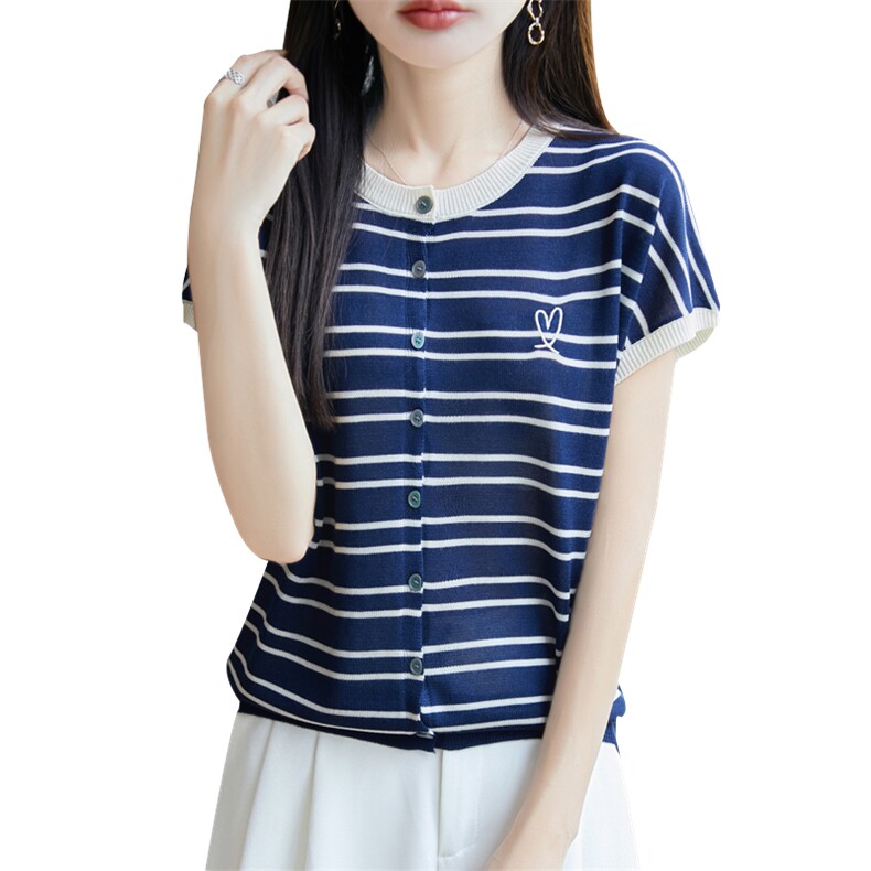 夏季100%天丝针织短袖T恤女圆领条纹爱心刺绣上衣宽松半袖打底衫,女装T恤,源达羊绒