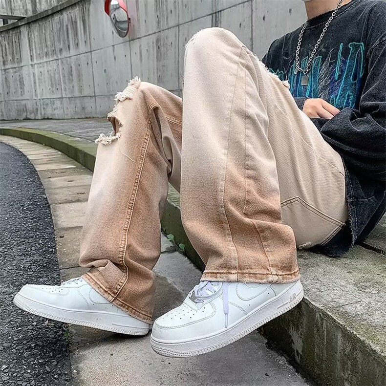 美式高街水洗做旧破洞渐变牛仔裤男ins复古宽松休闲裤N01012-P50,男装牛仔裤,星座308B-1