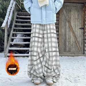 雪景 弯刀裤子男冬季加绒加厚潮牌宽松格子纹休闲裤-A2246JR50图片