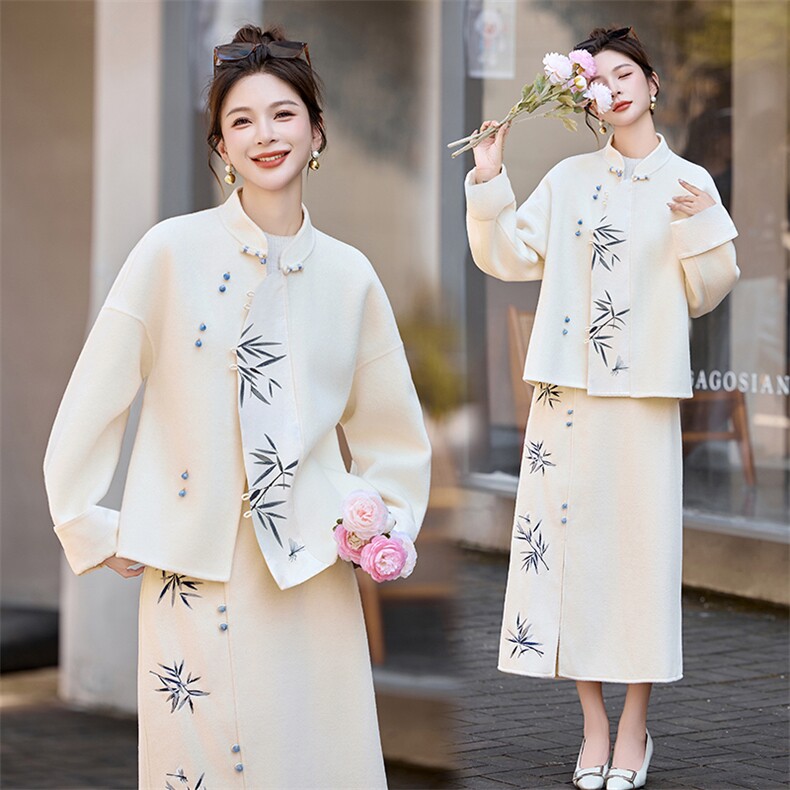 芷墨2025年冬季新款绣花新中式双面呢外套加半身裙两件套装裙,女装套装/套裙,芷墨服饰