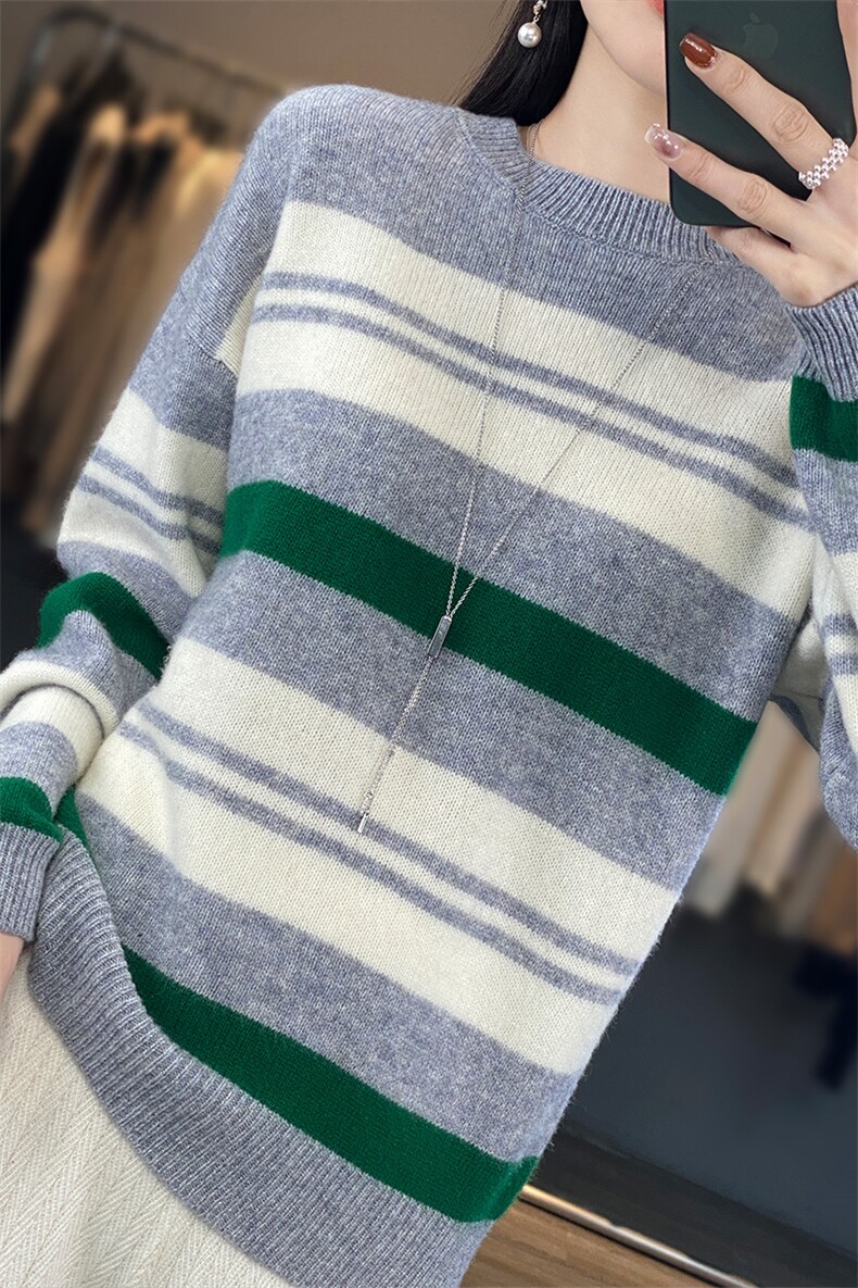 新款条纹撞色圆领针织衫女秋冬新款宽松显瘦纯色羊毛衫,女装羊毛衫,佑昭祥羊绒