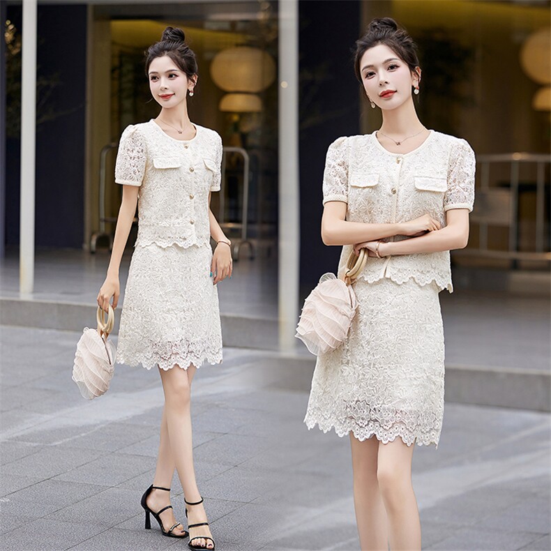 小香风套装短裙子2025年夏季新款气质时尚小个子蕾丝连衣裙两件套，女装套装/套裙，曼慕纤衣