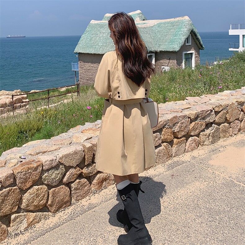 POLO领宽松型宽松风衣中长款纯色春秋英伦风短款百搭气质小个子,女装风衣,蝶眷