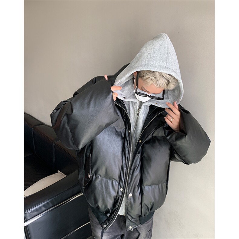 405A  美式高街个性连帽设计假两件pu皮棉服   MY24920-P158控188图片