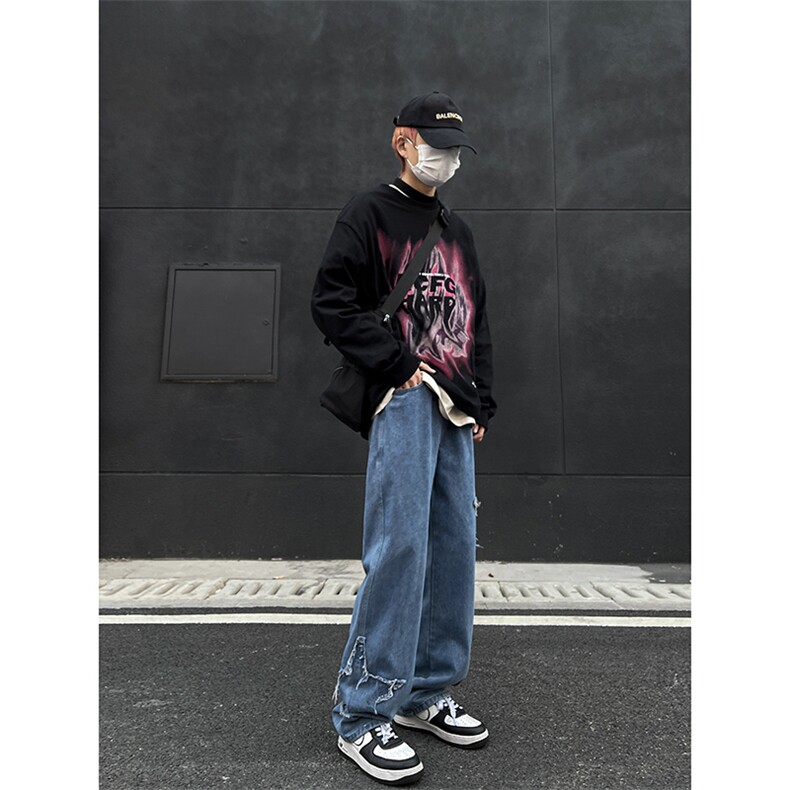 高街美式牛仔裤男春季新款街头hiphop宽松直筒阔腿长裤N30822-p45,男装牛仔裤,星座1008