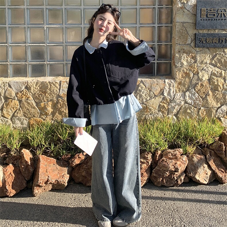 衬衫领拼工装风同色系撞色假两件套外套2C050-1235-P155-K238,女装短外套,2C050