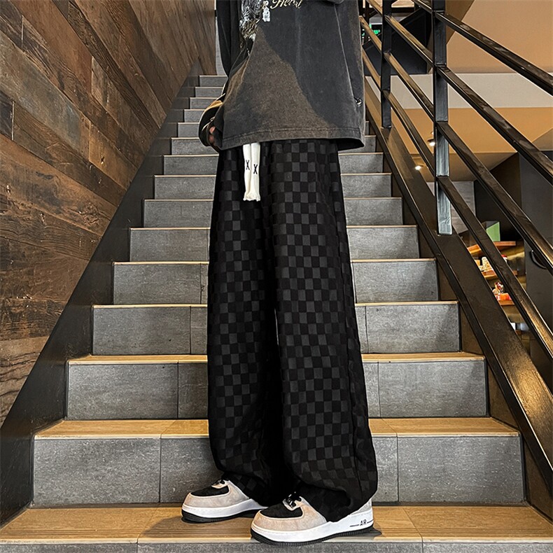 8XL-M特大码港风重磅棋盘格卫裤男士休闲运动裤直筒阔腿裤K961P60,男装休闲裤,电商D206-1