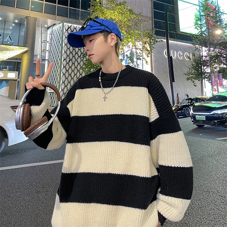 港风秋款男圆领套头毛衣条纹拼色宽松针织衫休闲外套M6007P45,男装针织衫/毛衣,星座1013-1