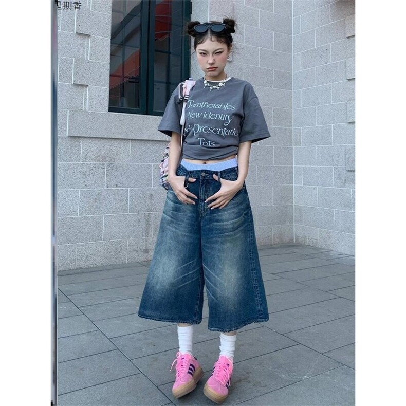 W9561-P50 网图现货水洗做旧牛仔裤女夏季新款复古直筒廓形七分裤图片