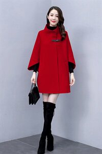 2020冬季新款时尚蝙蝠袖毛呢外套 显瘦气质红色大衣图片
