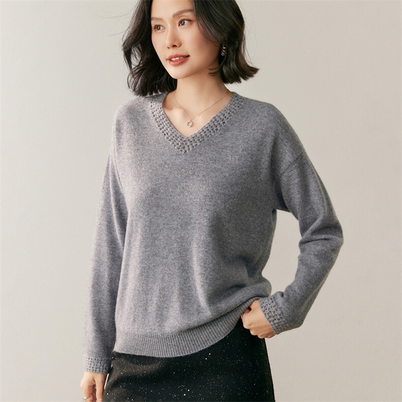新款v领纯色针织衫简约百搭套头上衣女,针织衫/毛衣,鸥蕊娅羊绒