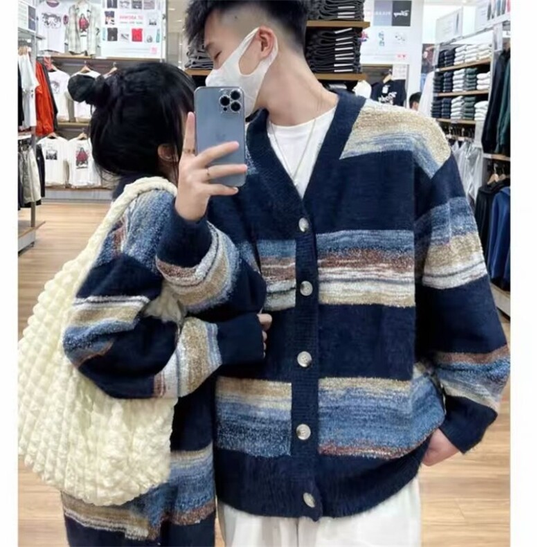 软糯条纹毛衣日系开衫针织男女上衣保暖百搭情侣长袖冬季渐变色潮,男装针织衫/毛衣,星座506A