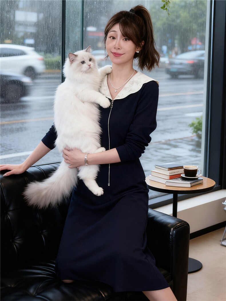 设计感时尚减龄套装女秋款修身娃娃领领开衫拉链上衣中长裙两件套,女装套装/套裙,江南