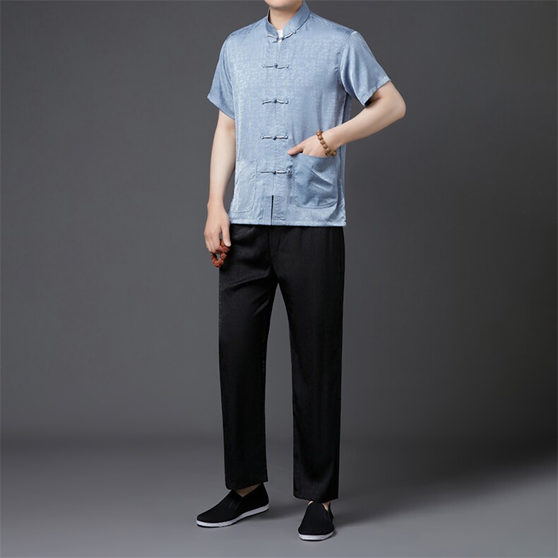 主推男高端风短袖唐装衬衫中式中老年风立体刺绣套装T恤，男装中老年男装，钱塘723