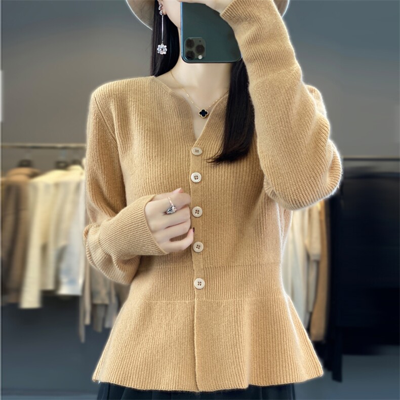 V领毛衣女2024年秋新款小众设计感针织羊毛开衫,女装羊毛衫,鹿一羊绒