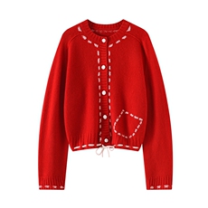 秋冬新款山羊绒开衫女圆领虚线提花针织毛衣时尚抽绳羊毛外套上衣，女装针织衫/毛衣，兴泰羊绒