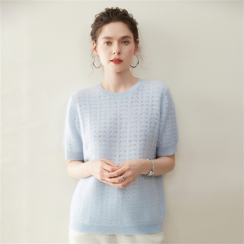 洋气百搭镂空羊绒衫女针织短袖宽松慵懒风毛衣T恤内搭背心秋新款，女装羊绒衫，纳丰羊绒