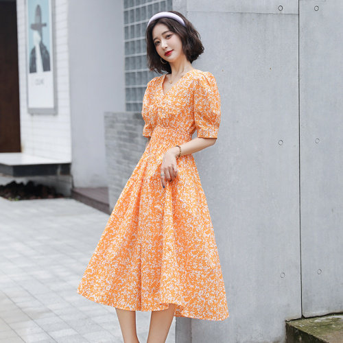 2021新款夏季连衣裙女泡泡袖V领小碎花中长裙收腰显瘦,女装连衣裙,瑶迪依秀